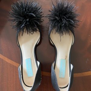 Betsy Johnson black satin Pom Pom flat